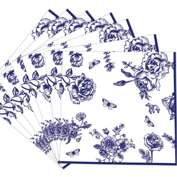 Jednorazová párty súprava stolovania s motívom modrého kvetu porcelánového vzoru — papierové poháre, taniere, obrúsky a príbor (nôž, vidlica, lyžica); Materiál: Papier; Kategória: Jednorazové stolovanie; Tvar: Kruhový; Tlač loga: Áno; Životnosť: 365 dní