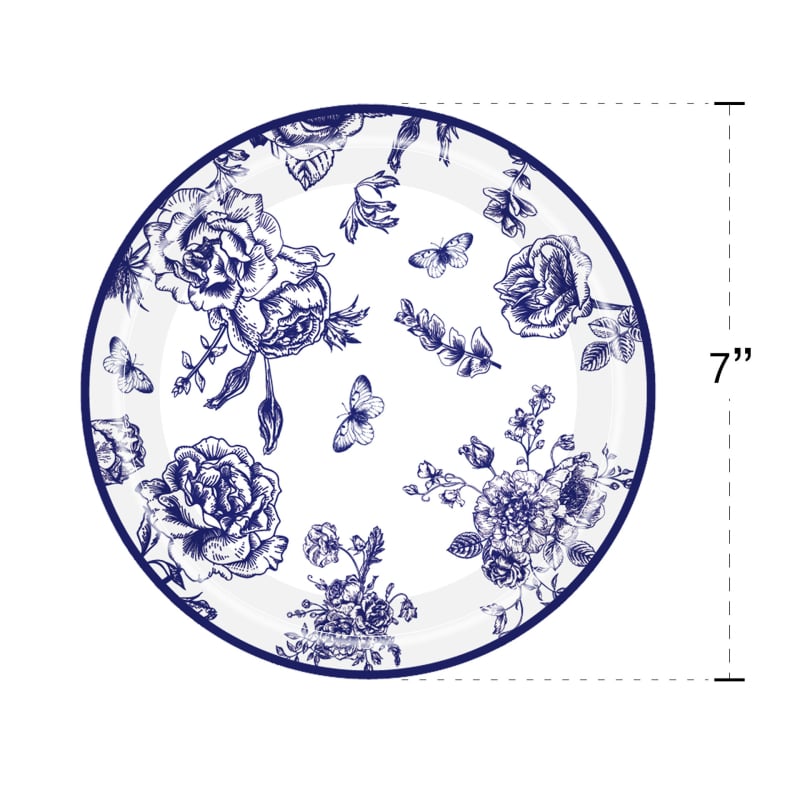 Jednorazová párty súprava stolovania s motívom modrého kvetu porcelánového vzoru — papierové poháre, taniere, obrúsky a príbor (nôž, vidlica, lyžica); Materiál: Papier; Kategória: Jednorazové stolovanie; Tvar: Kruhový; Tlač loga: Áno; Životnosť: 365 dní