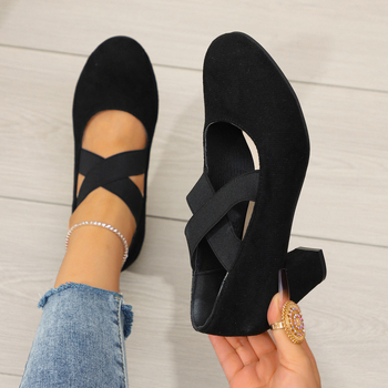 Pantofi femei Mary Jane vintage, velur upper, vârf rotund, toc gros, gleznă joasă, primăvara 2025