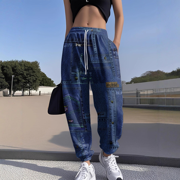 Παντελόνια σε στυλ τζιν με ελαστική μέση στα μέσα, χαλαρή γραμμή, κομμένα κοντά στον αστράγαλο, εκτύπωση color-block, μίγμα πολυεστέρα/νάιλον