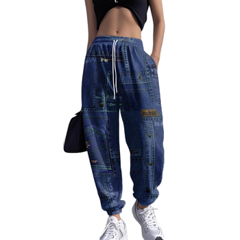 Παντελόνια σε στυλ τζιν με ελαστική μέση στα μέσα, χαλαρή γραμμή, κομμένα κοντά στον αστράγαλο, εκτύπωση color-block, μίγμα πολυεστέρα/νάιλον