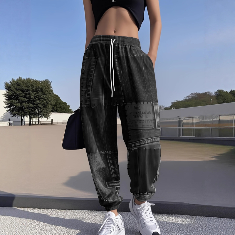 Παντελόνια σε στυλ τζιν με ελαστική μέση στα μέσα, χαλαρή γραμμή, κομμένα κοντά στον αστράγαλο, εκτύπωση color-block, μίγμα πολυεστέρα/νάιλον