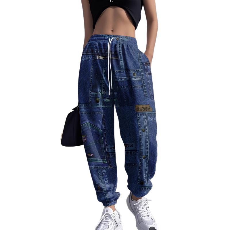 Παντελόνια σε στυλ τζιν με ελαστική μέση στα μέσα, χαλαρή γραμμή, κομμένα κοντά στον αστράγαλο, εκτύπωση color-block, μίγμα πολυεστέρα/νάιλον