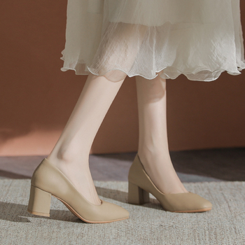 Pantofi dama cu toc înalt (vârf pătrat, toc mediu 3–5 cm, toc masiv, material superior: microfibră, talpă interioară: piele naturală)