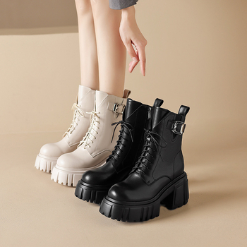 Moteriški Martin batai iš natūralios odos su guma padu, apvali nosis, šoninis užtrauktukas, britiško stiliaus, kulnas virš 8 cm, tinkami rudens ir žiemos sezonoms