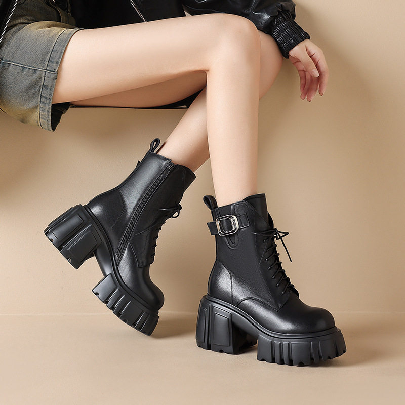 Moteriški Martin batai iš natūralios odos su guma padu, apvali nosis, šoninis užtrauktukas, britiško stiliaus, kulnas virš 8 cm, tinkami rudens ir žiemos sezonoms