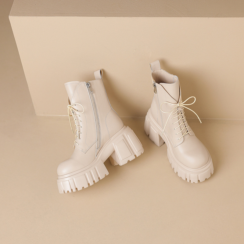 Moteriški Martin batai iš natūralios odos su guma padu, apvali nosis, šoninis užtrauktukas, britiško stiliaus, kulnas virš 8 cm, tinkami rudens ir žiemos sezonoms