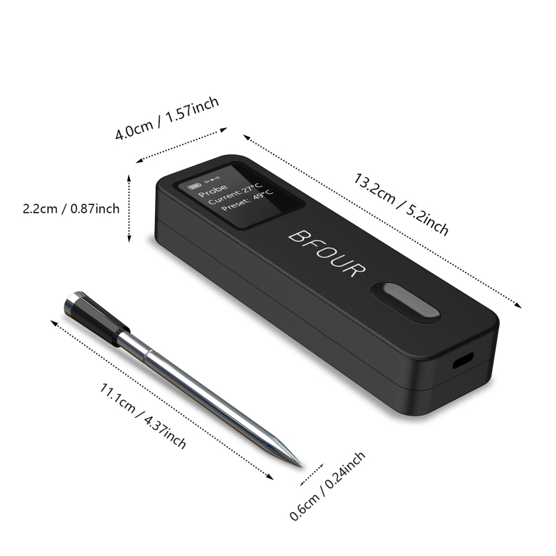 Хранителен термометър за кухня със дисплей, IP67 водоустойчива сонда, 1°C резолюция, безжичен обхват до 160 м, вграден магнит