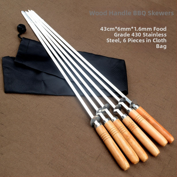 Grilovacie špízy s drevenou rukoväťou z nehrdzavejúcej ocele 430, opakovane použiteľné, 6-dielna súprava s textilnou taškou