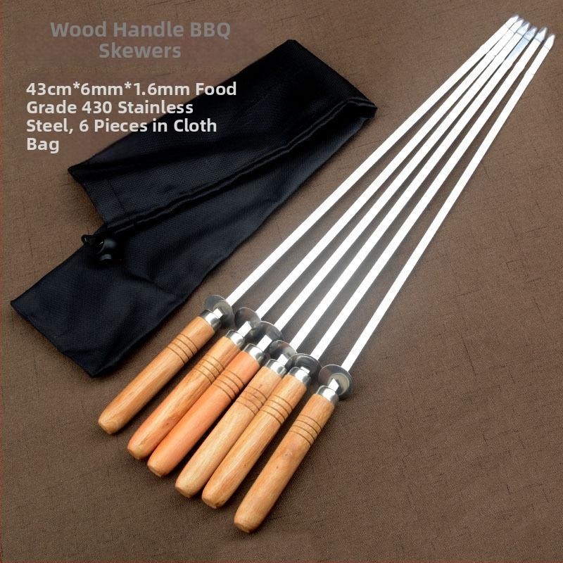 Puidust käepidemeaga grilltikkud 430 roostevabast terasest, korduvkasutatav, 6-os tükiline komplekt koos riidekotti