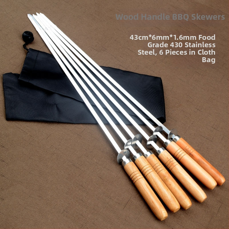 Grilovacie špízy s drevenou rukoväťou z nehrdzavejúcej ocele 430, opakovane použiteľné, 6-dielna súprava s textilnou taškou