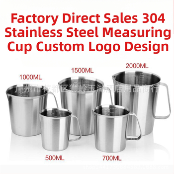 Merací pohár z nerezovej ocele 304 s integrovanou stupnicou, vhodný na čaj s mliekom a kávu; viaceré modely s čiarami a tolerancia ±100 ml.