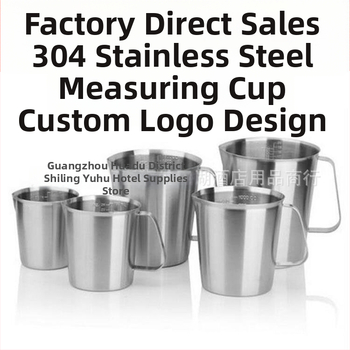 Merací pohár z nerezovej ocele 304 s integrovanou stupnicou, vhodný na čaj s mliekom a kávu; viaceré modely s čiarami a tolerancia ±100 ml.