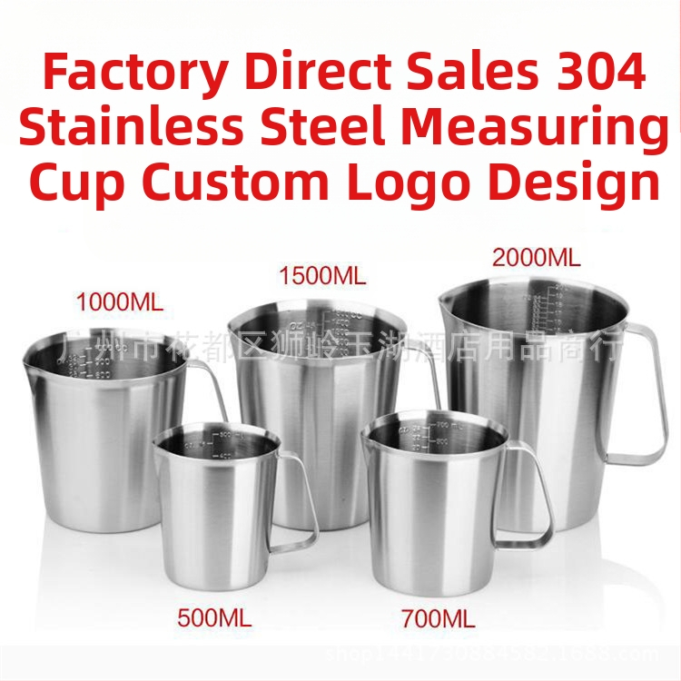 Merací pohár z nerezovej ocele 304 s integrovanou stupnicou, vhodný na čaj s mliekom a kávu; viaceré modely s čiarami a tolerancia ±100 ml.