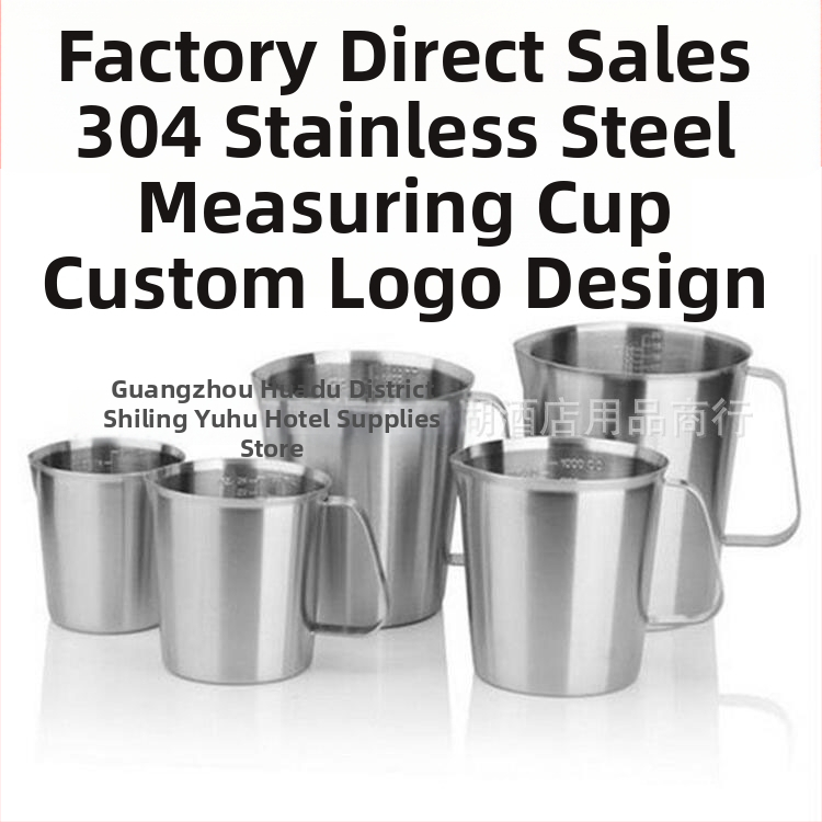 304 nerūsējošā tērauda mērinstruments ar iebūvētu skalu, piemērota piena tējas un kafijas pagatavošanai; vairāki modeļi ar atzīmēm un toleranci ±100 ml.