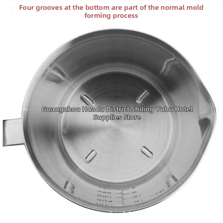 304 nerūsējošā tērauda mērinstruments ar iebūvētu skalu, piemērota piena tējas un kafijas pagatavošanai; vairāki modeļi ar atzīmēm un toleranci ±100 ml.