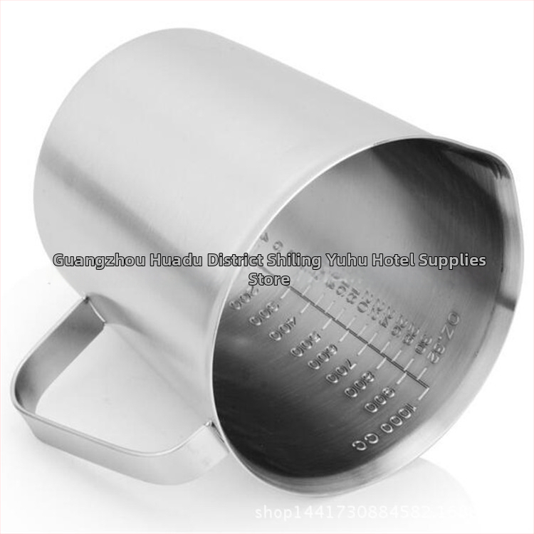 304 nerūsējošā tērauda mērinstruments ar iebūvētu skalu, piemērota piena tējas un kafijas pagatavošanai; vairāki modeļi ar atzīmēm un toleranci ±100 ml.