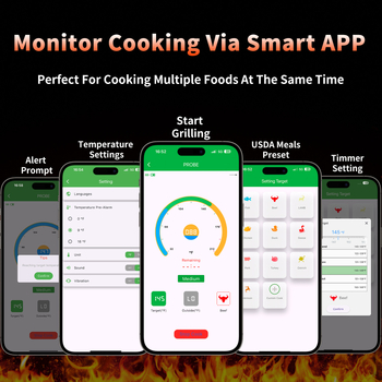 Kuchynský teplomer na gril s Bluetooth, IPX68 odolný voči vode, keramická sonda, magnetická rukoväť z orechového dreva, teplota sondy do 500°C