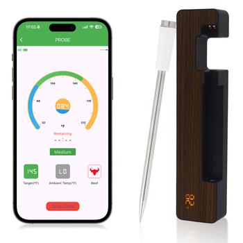 Kuchynský teplomer na gril s Bluetooth, IPX68 odolný voči vode, keramická sonda, magnetická rukoväť z orechového dreva, teplota sondy do 500°C
