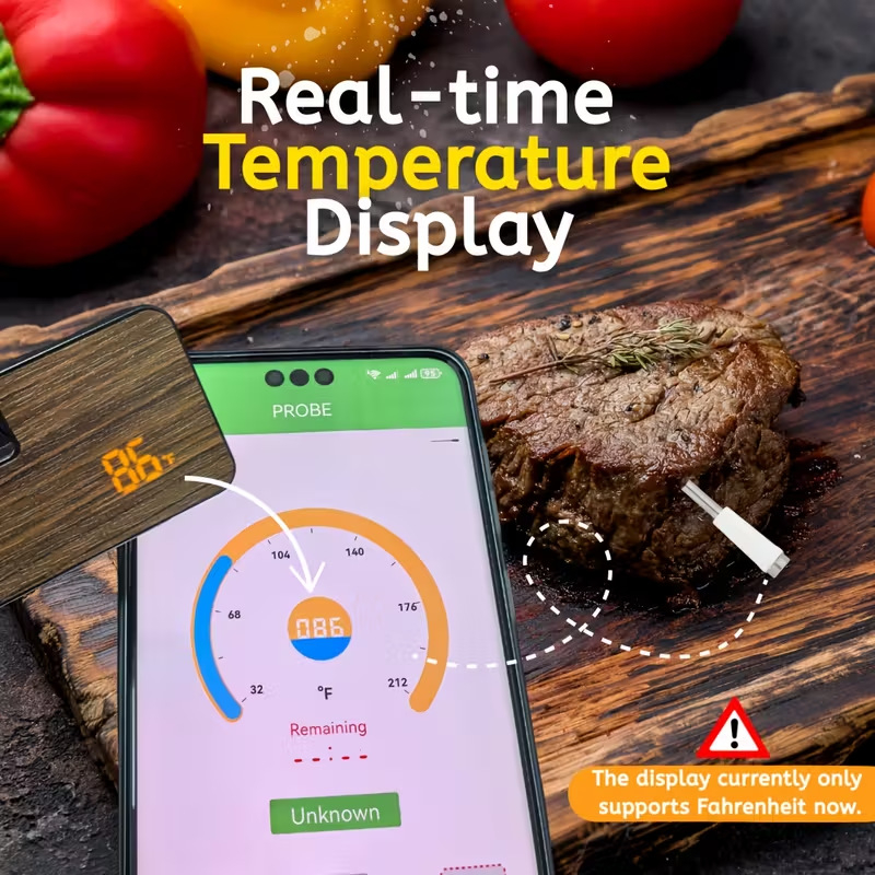 Kuchynský teplomer na gril s Bluetooth, IPX68 odolný voči vode, keramická sonda, magnetická rukoväť z orechového dreva, teplota sondy do 500°C