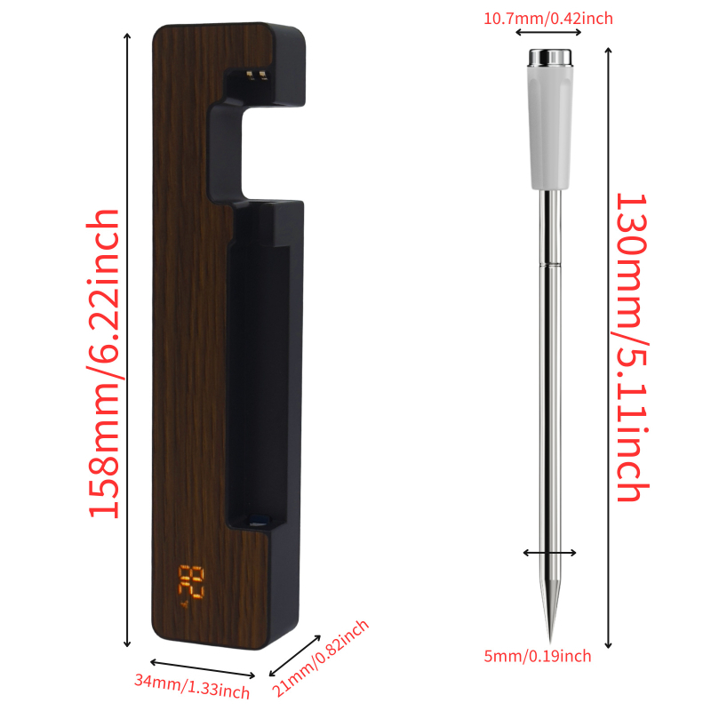 Kuchynský teplomer na gril s Bluetooth, IPX68 odolný voči vode, keramická sonda, magnetická rukoväť z orechového dreva, teplota sondy do 500°C