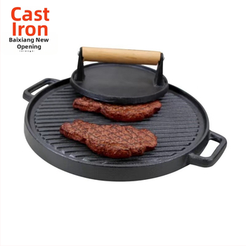 Liatinová kruhová tlačná doska na mäso pre gril, viacúčelová, bezdymová, odnímateľná