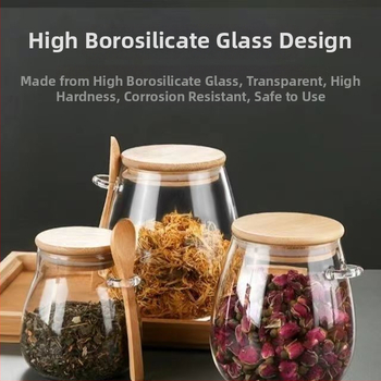 Sklenená nádoba na čaj so lyžičkou — sklo vysokej borosilikátovej odolnosti, ručne ilustrovaná plocha, štýl národného trendu, možnosť potlače loga