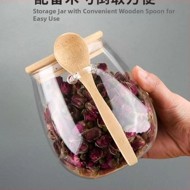 Stikla tēja burka ar karoti — augstas borosilikāta stikls, roku zīmēta virsma, nacionālais trend stils, logotipa drukas iespēja