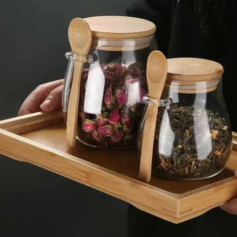 Staklena posuda za čaj s žličicom — visoko borosilikatno staklo, ručno oslikana površina, stil nacionalnog trenda, mogućnost otiska logotipa