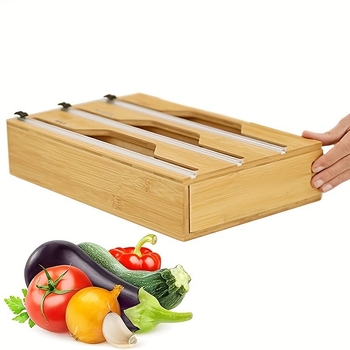 Bambusový nástroj na rezanie potravinovej fólie a hliníkovej fólie na stenu s magnetom – moderný minimalistický dizajn, prispôsobenie, potlačené logo