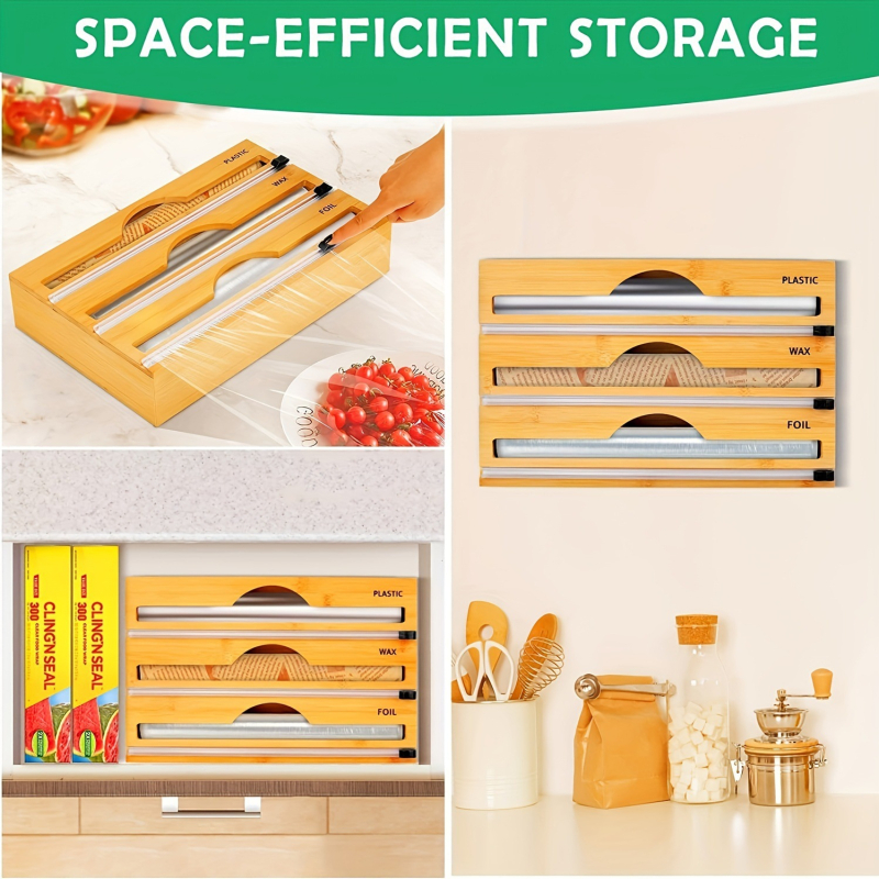 Bambusový nástroj na rezanie potravinovej fólie a hliníkovej fólie na stenu s magnetom – moderný minimalistický dizajn, prispôsobenie, potlačené logo