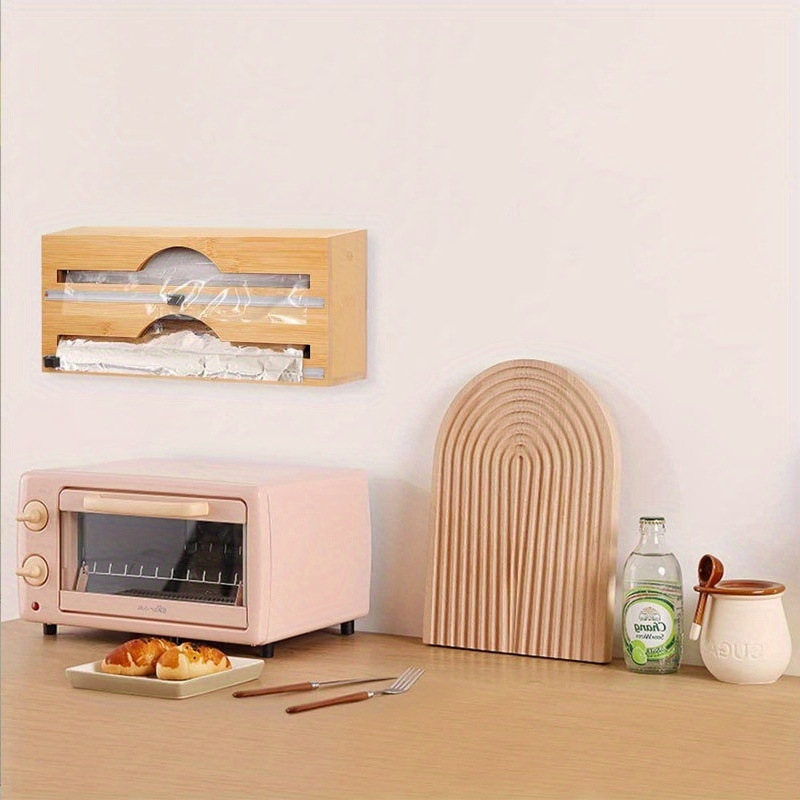 Bambusový nástroj na rezanie potravinovej fólie a hliníkovej fólie na stenu s magnetom – moderný minimalistický dizajn, prispôsobenie, potlačené logo