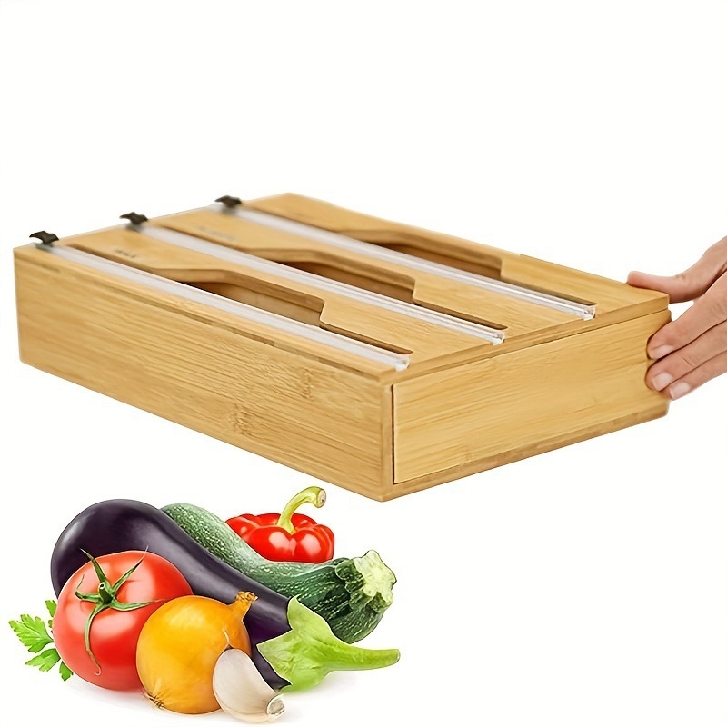 Bambusový nástroj na rezanie potravinovej fólie a hliníkovej fólie na stenu s magnetom – moderný minimalistický dizajn, prispôsobenie, potlačené logo