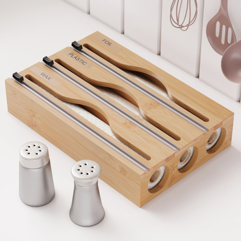 Bambusový nástenný dávkovač fólie s dvojstranným rezom; možnosť vlastného loga a prispôsobenia.