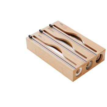 Bambusový nástenný dávkovač fólie s dvojstranným rezom; možnosť vlastného loga a prispôsobenia.