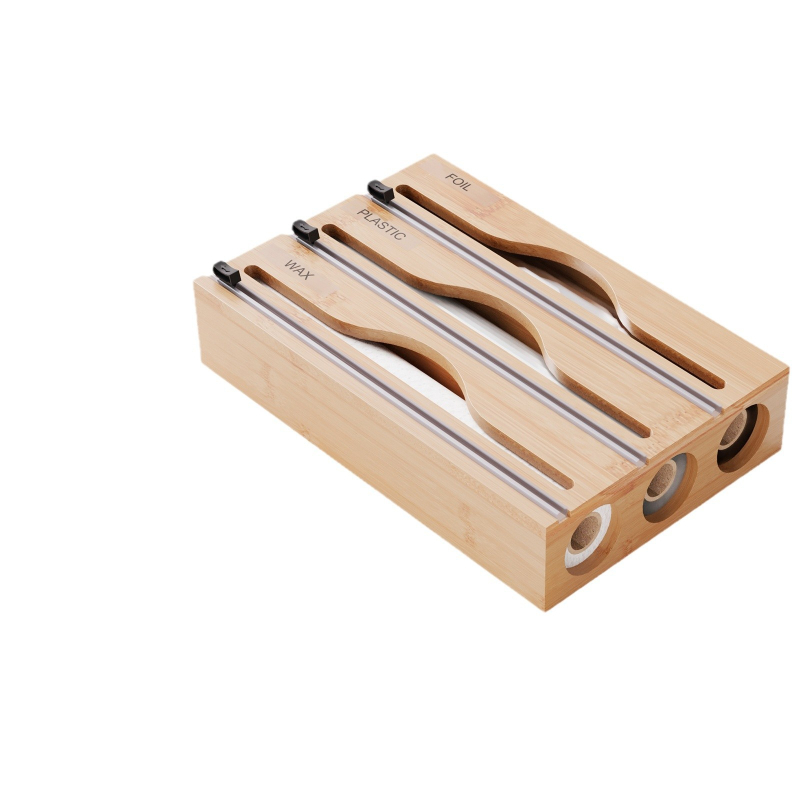 Bambusový nástenný dávkovač fólie s dvojstranným rezom; možnosť vlastného loga a prispôsobenia.