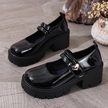 Női Mary Jane bőr felsőrészű cipő Velcro-zárású, kerek orr, 3–5 cm magas sarok, gumírozott talp, PU belső