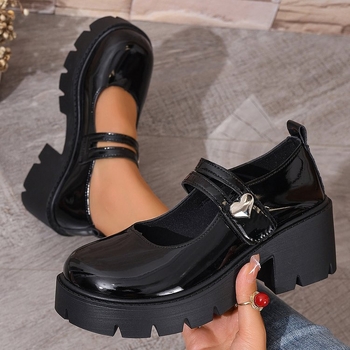 Női Mary Jane bőr felsőrészű cipő Velcro-zárású, kerek orr, 3–5 cm magas sarok, gumírozott talp, PU belső