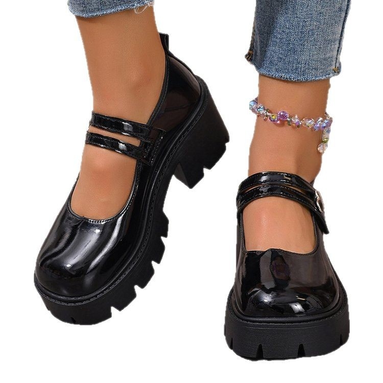 Női Mary Jane bőr felsőrészű cipő Velcro-zárású, kerek orr, 3–5 cm magas sarok, gumírozott talp, PU belső