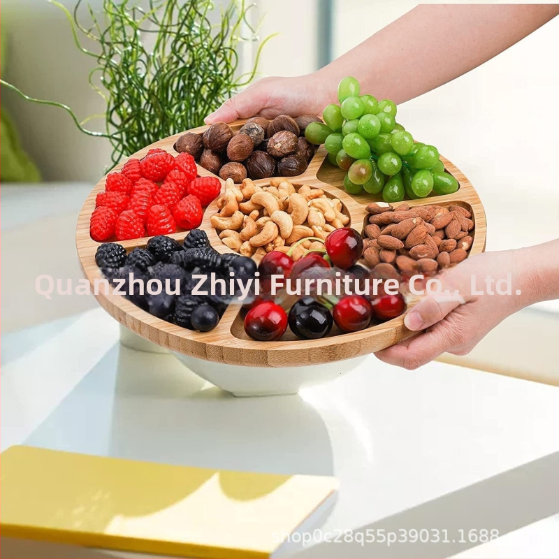 päťpriehradkový tanier na ovocie z bambusu, drevený, moderný minimalistický dizajn