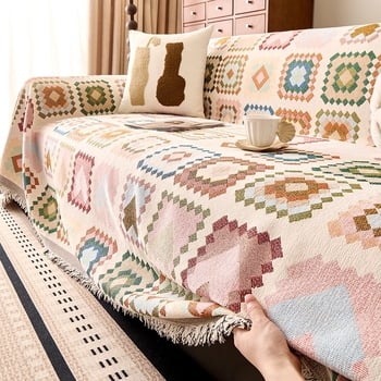 Κάλυμμα καναπέ Chenille, τεσσάρων εποχών, αντιολισθητικό, ενιαίο κάλυμμα για γωνιακό καναπέ, μποέμ στυλ με μοτίβο καρτούν