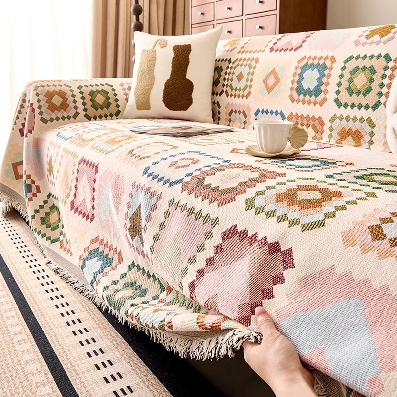 Κάλυμμα καναπέ Chenille, τεσσάρων εποχών, αντιολισθητικό, ενιαίο κάλυμμα για γωνιακό καναπέ, μποέμ στυλ με μοτίβο καρτούν