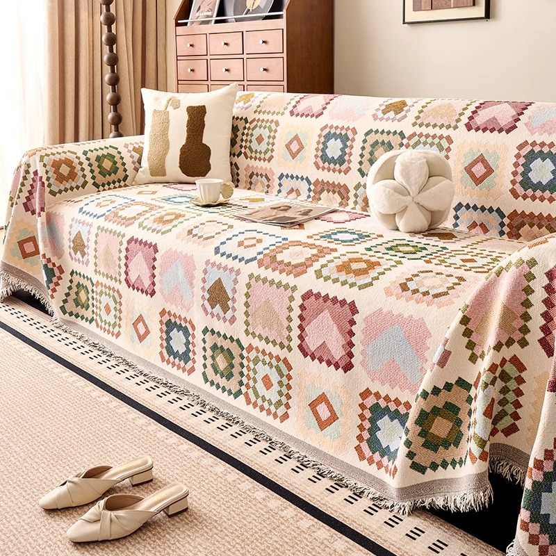 Κάλυμμα καναπέ Chenille, τεσσάρων εποχών, αντιολισθητικό, ενιαίο κάλυμμα για γωνιακό καναπέ, μποέμ στυλ με μοτίβο καρτούν