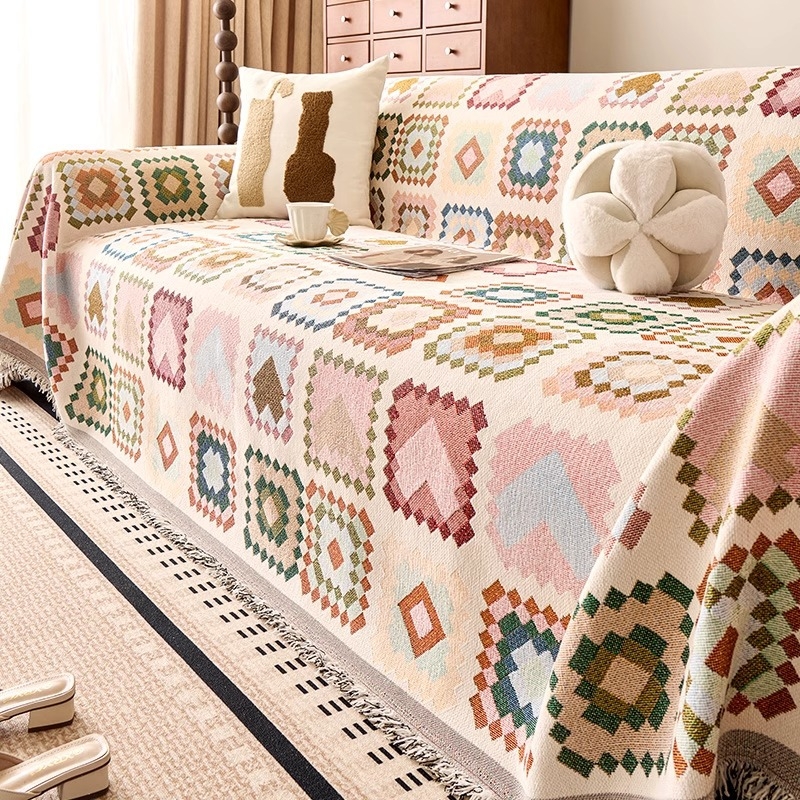 Κάλυμμα καναπέ Chenille, τεσσάρων εποχών, αντιολισθητικό, ενιαίο κάλυμμα για γωνιακό καναπέ, μποέμ στυλ με μοτίβο καρτούν