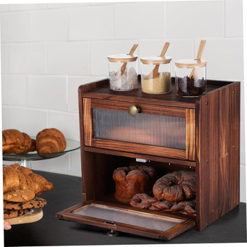 Drevená dvojposchodová uzatvárateľná krabica na skladovanie s držiakom na fľaše korenín – na chlieb, dezerty a ovocie • 1 L objem • masívne drevo