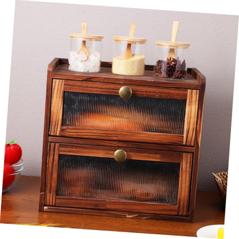 Drevená dvojposchodová uzatvárateľná krabica na skladovanie s držiakom na fľaše korenín – na chlieb, dezerty a ovocie • 1 L objem • masívne drevo