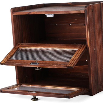 Drevená dvojposchodová uzatvárateľná krabica na skladovanie s držiakom na fľaše korenín – na chlieb, dezerty a ovocie • 1 L objem • masívne drevo