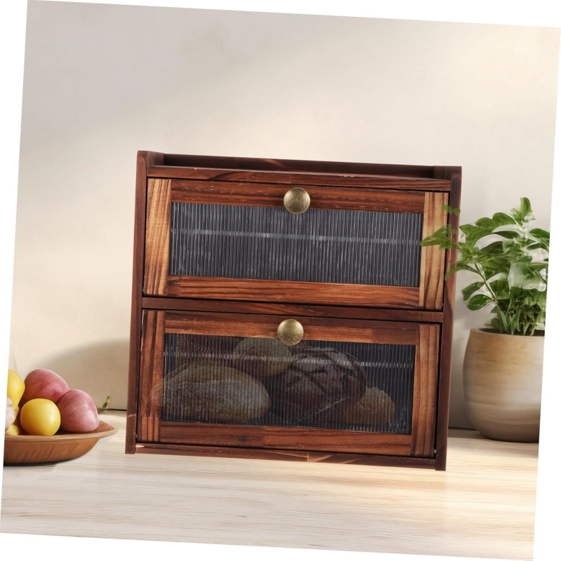 Drevená dvojposchodová uzatvárateľná krabica na skladovanie s držiakom na fľaše korenín – na chlieb, dezerty a ovocie • 1 L objem • masívne drevo