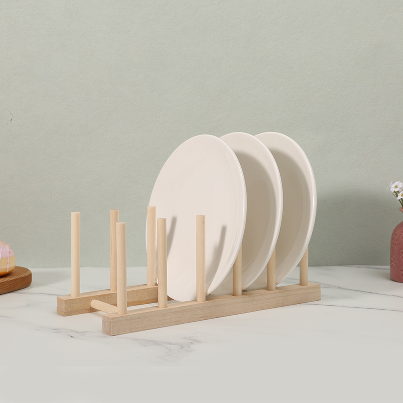 Medinis lėkščių ir dubenėlių laikiklis — daugiakamerinis, grindinis stovas, šiuolaikinio minimalistinio stiliaus