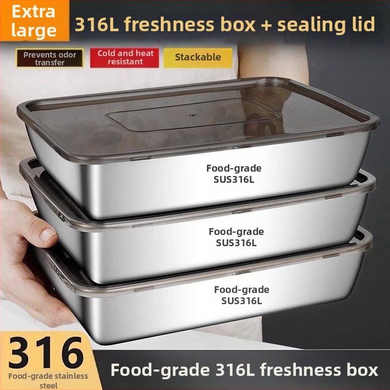 Priehradový box z 316 nerezovej ocele, obdĺžnikový tvar, objem 3.1–4 L, na udržiavanie čerstvosti potravín
